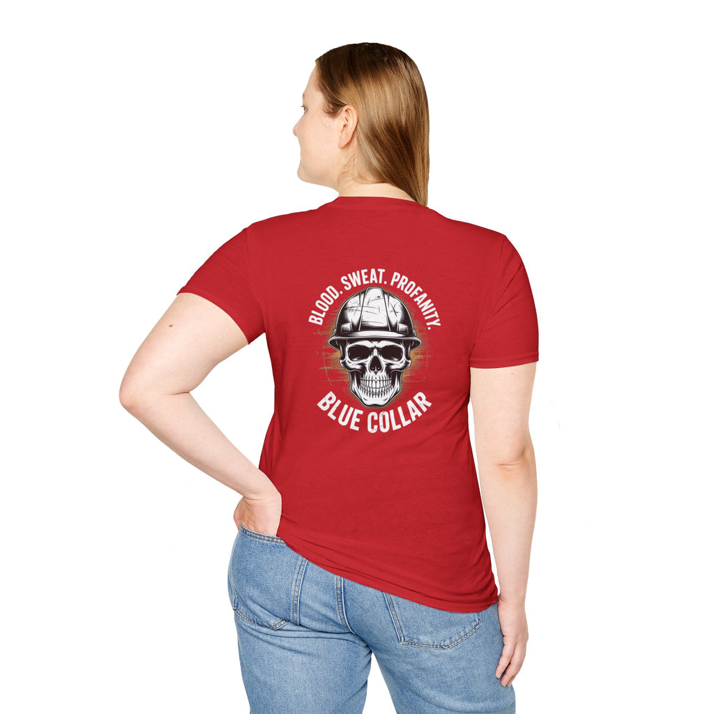 Blue Collar T-Shirt — "Blood, Sweat, Profanity" Skull Workwear Tee