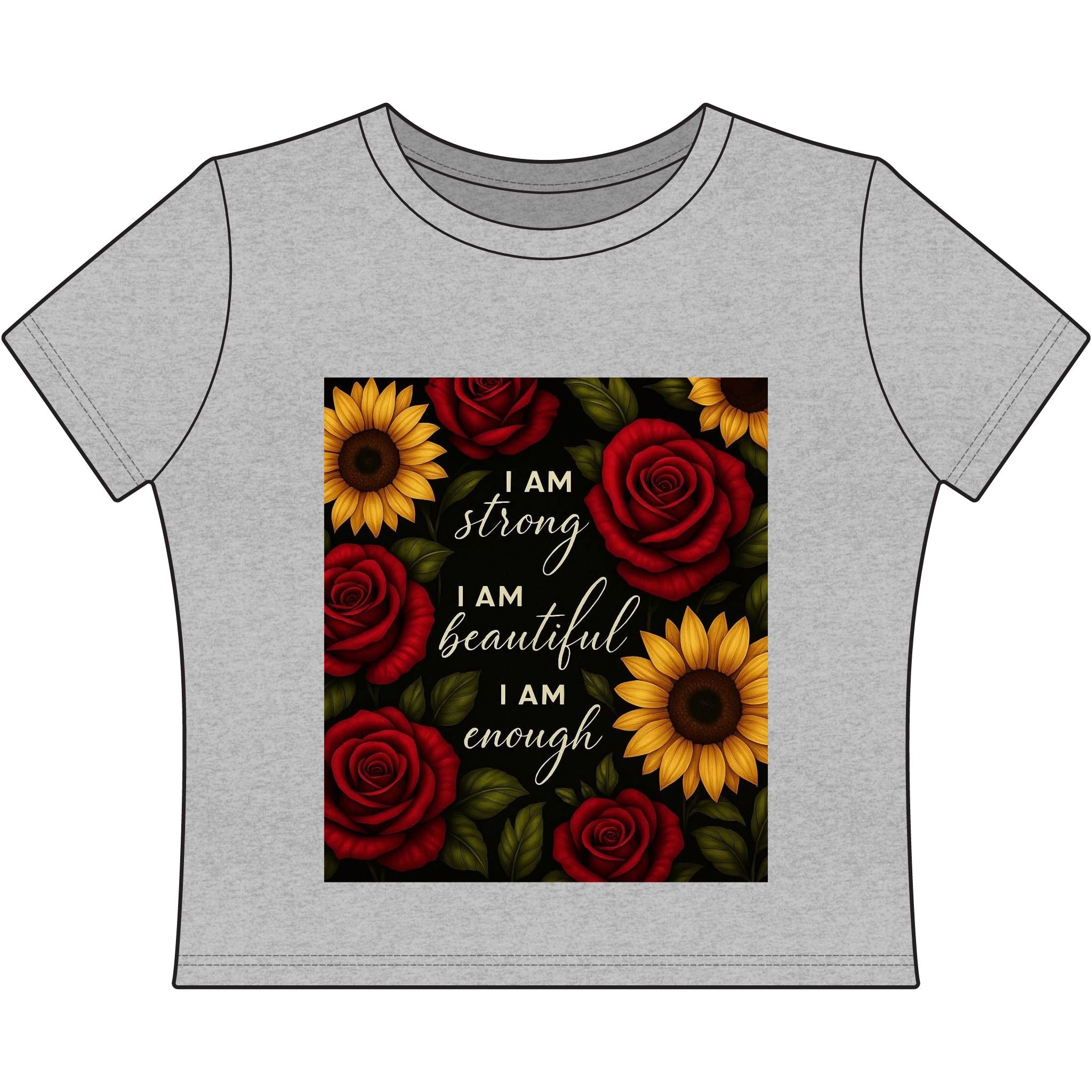Affirmation Floral Women's Baby Tee — "I Am Strong, I Am Beautiful, I Am Enough"