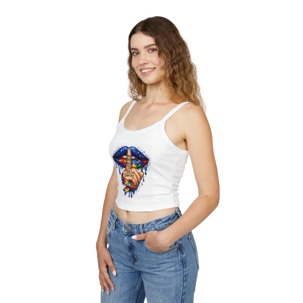 Crop Tank Top — Shushing Rainbow Lips with "I Don’t Understand" Finger Tattoo