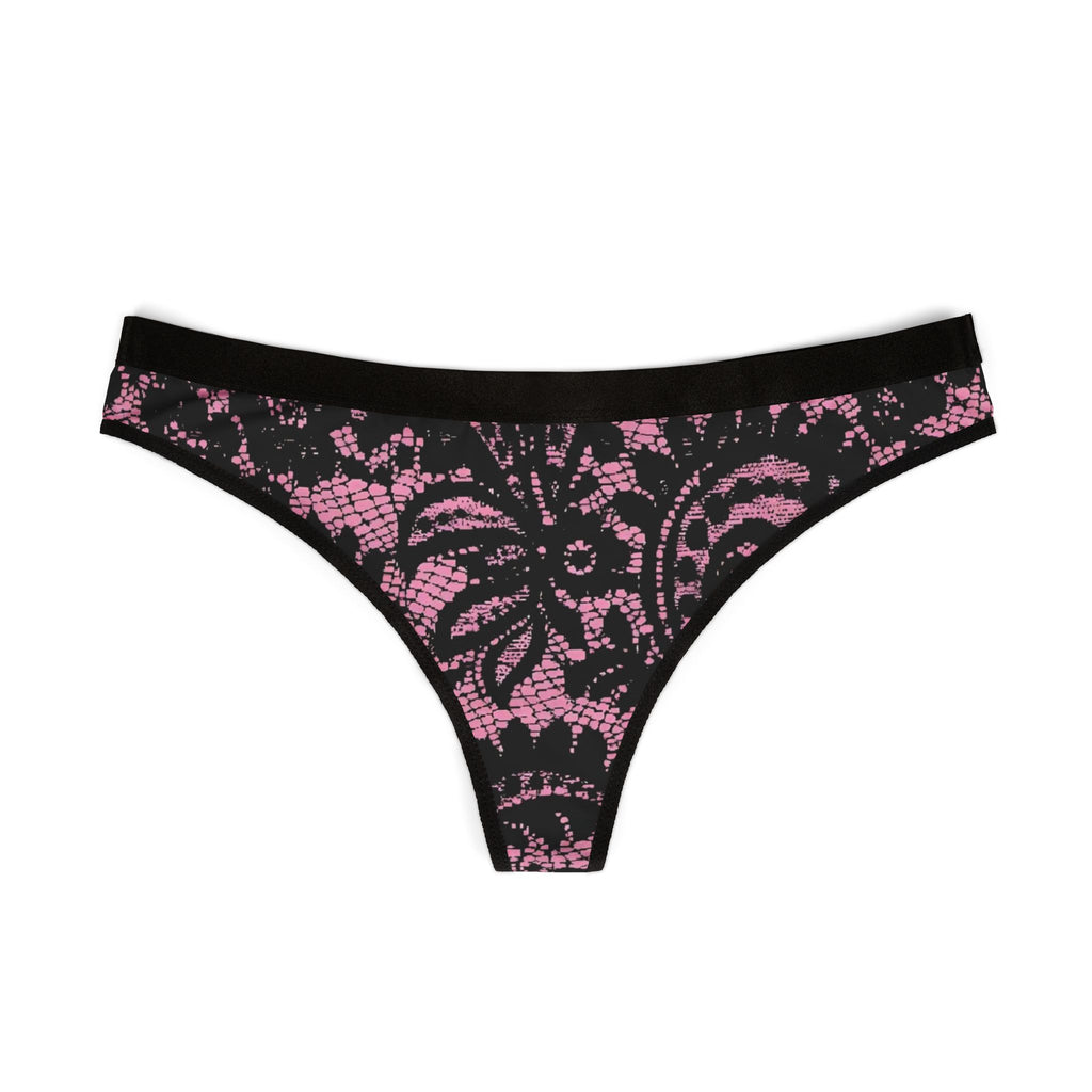 Floral Lace Print Women's Thong — Pink & Black All-Over-Print Intimates