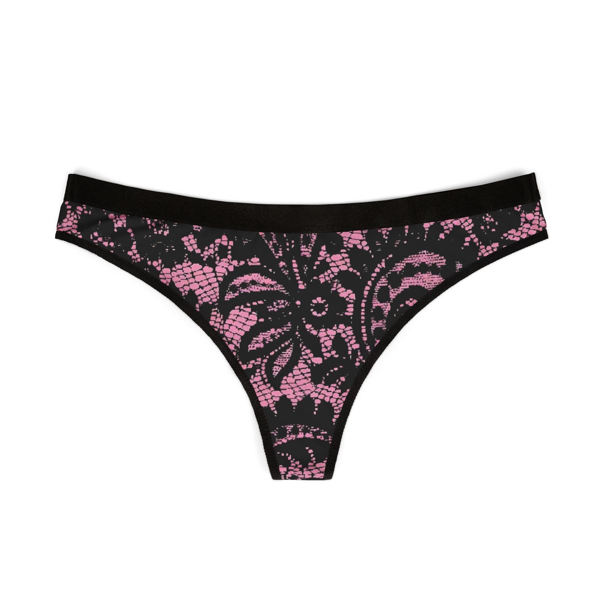 Floral Lace Print Women's Thong — Pink & Black All-Over-Print Intimates