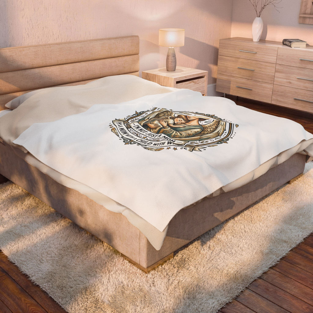 Mom with Child Wings Velveteen Plush Blanket | Mother's Day Minimal Typographic