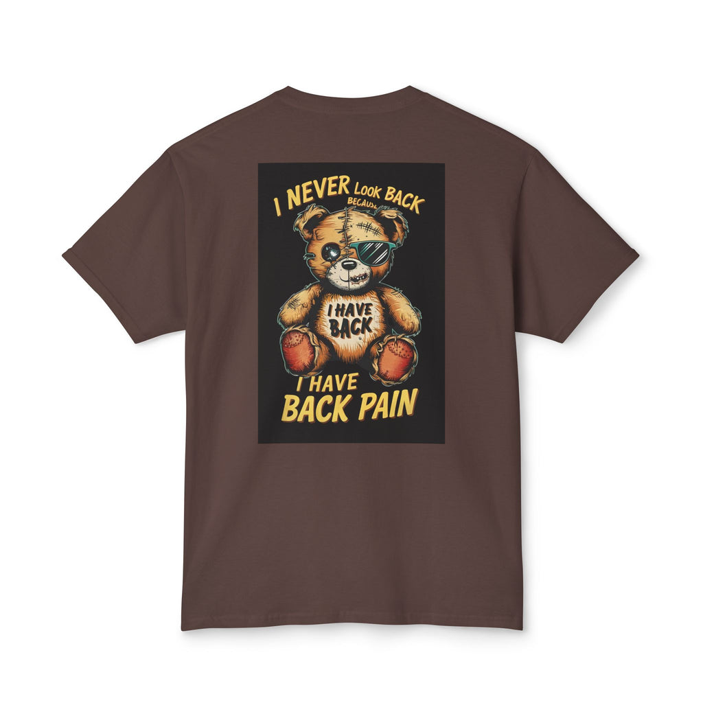 T-Shirt — Vintage Injured Teddy Bear "I Never Look Back, I Have Back Pain" Graphic