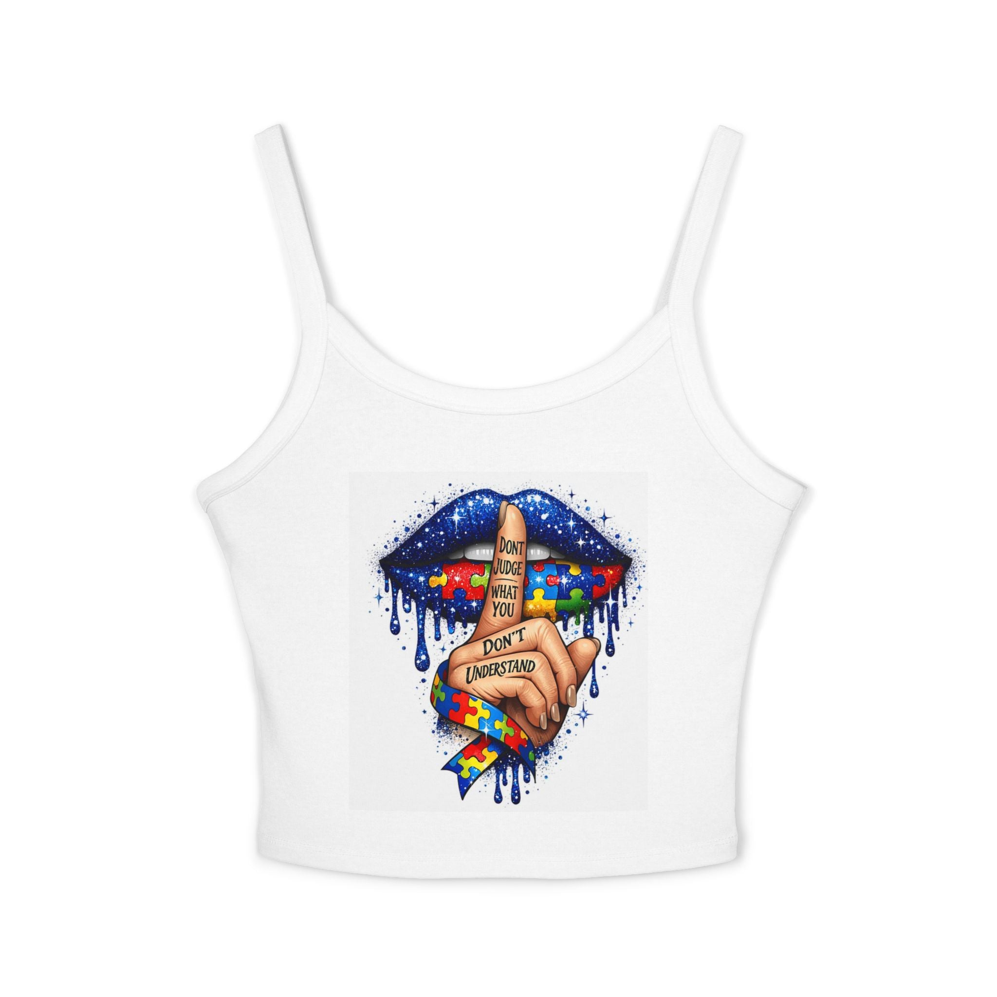 Crop Tank Top — Shushing Rainbow Lips with "I Don’t Understand" Finger Tattoo