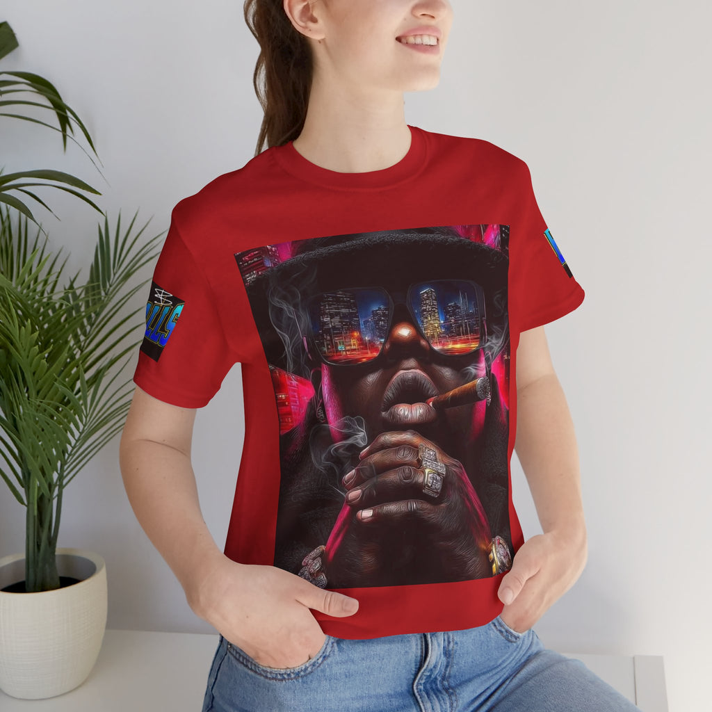 Urban Nightlife Portrait Tee — Smoky City Reflection Graphic T-Shirt