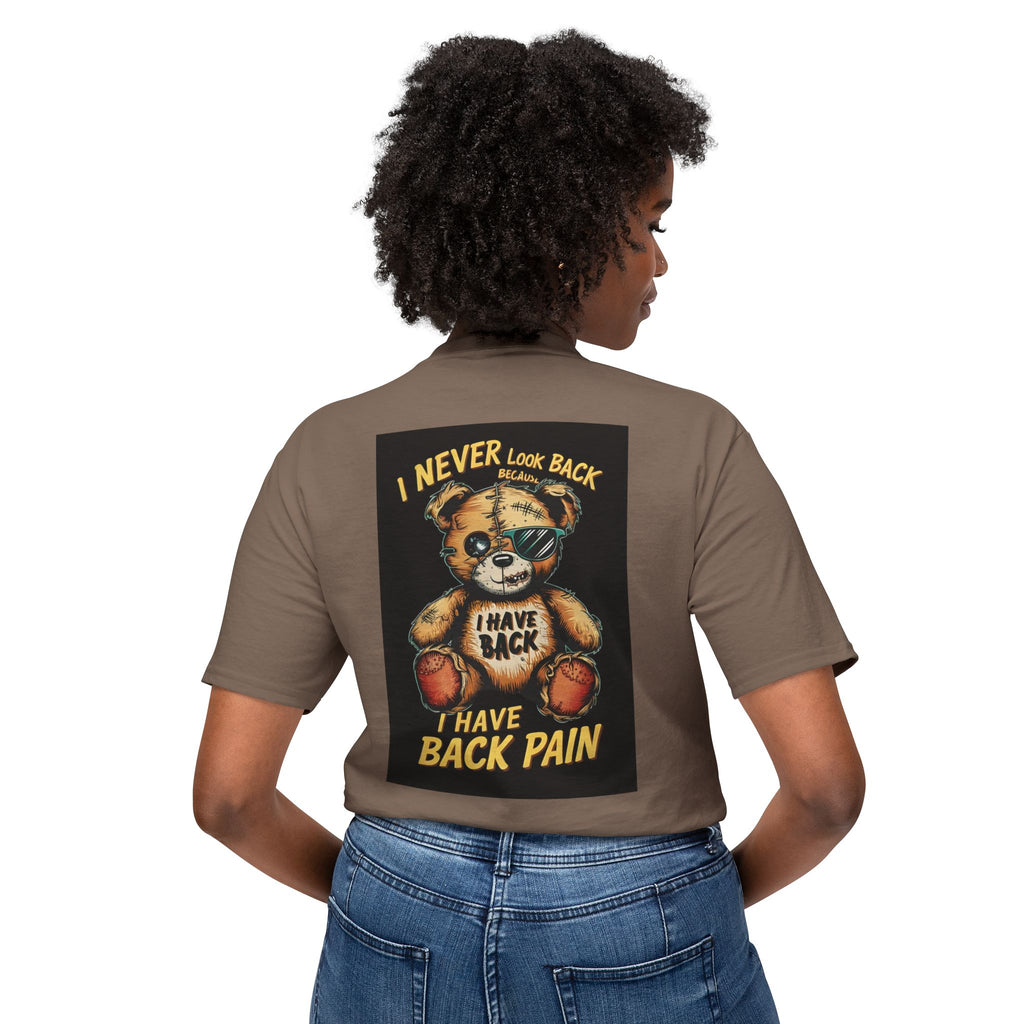 T-Shirt — Vintage Injured Teddy Bear "I Never Look Back, I Have Back Pain" Graphic