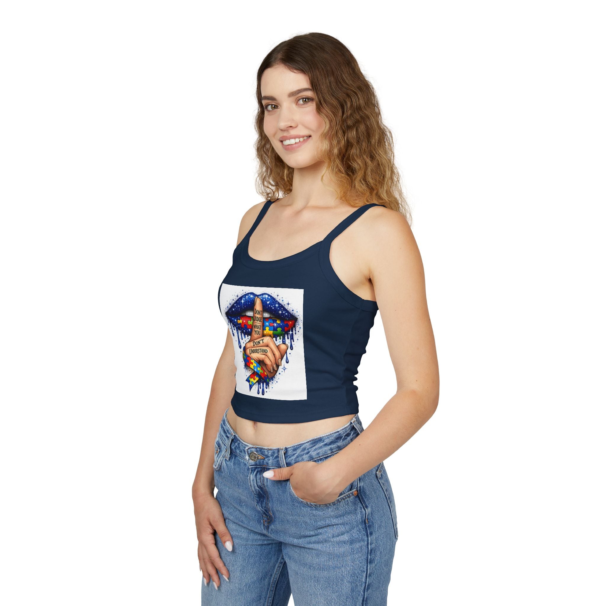 Crop Tank Top — Shushing Rainbow Lips with "I Don’t Understand" Finger Tattoo