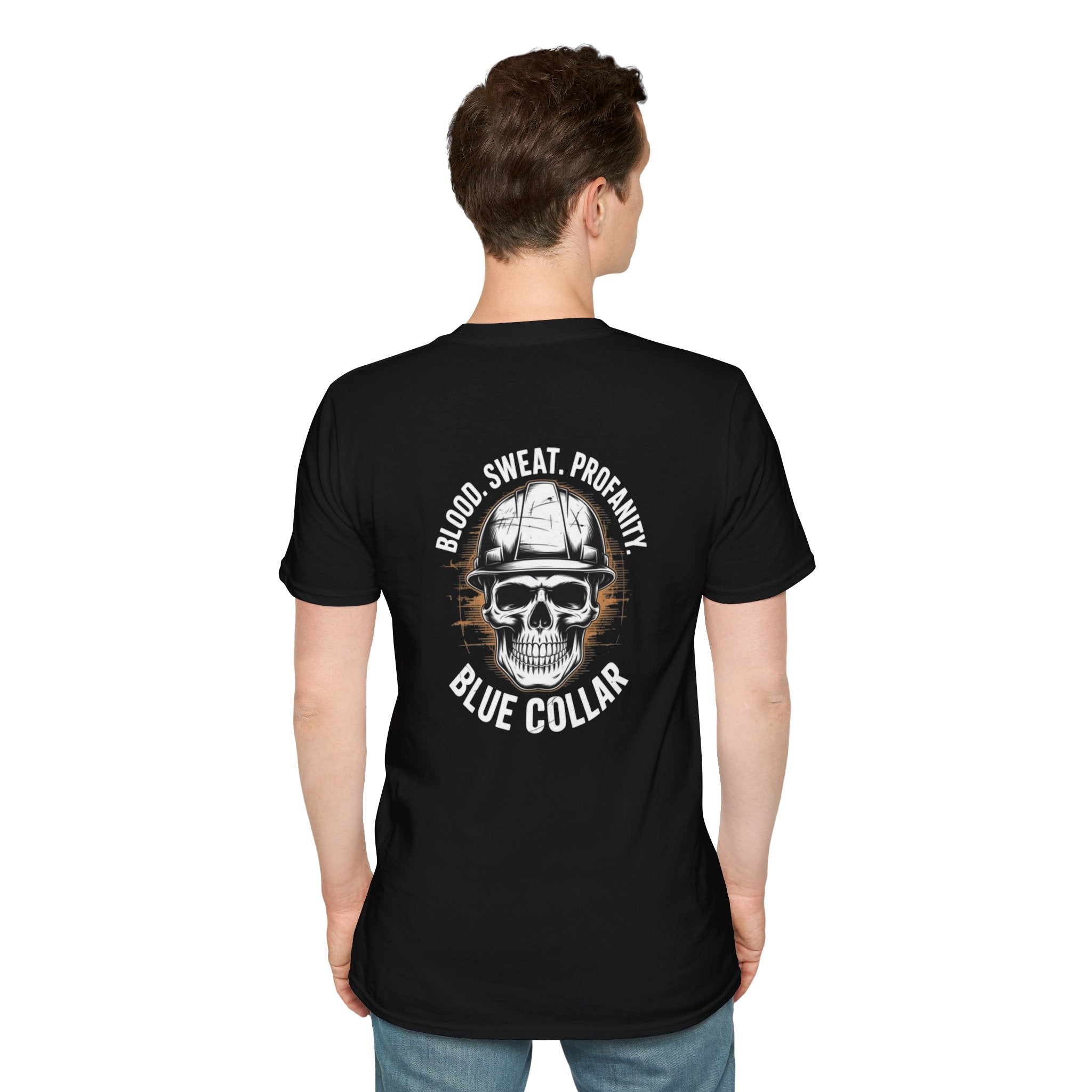 Blue Collar T-Shirt — "Blood, Sweat, Profanity" Skull Workwear Tee