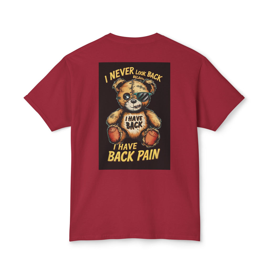 T-Shirt — Vintage Injured Teddy Bear "I Never Look Back, I Have Back Pain" Graphic