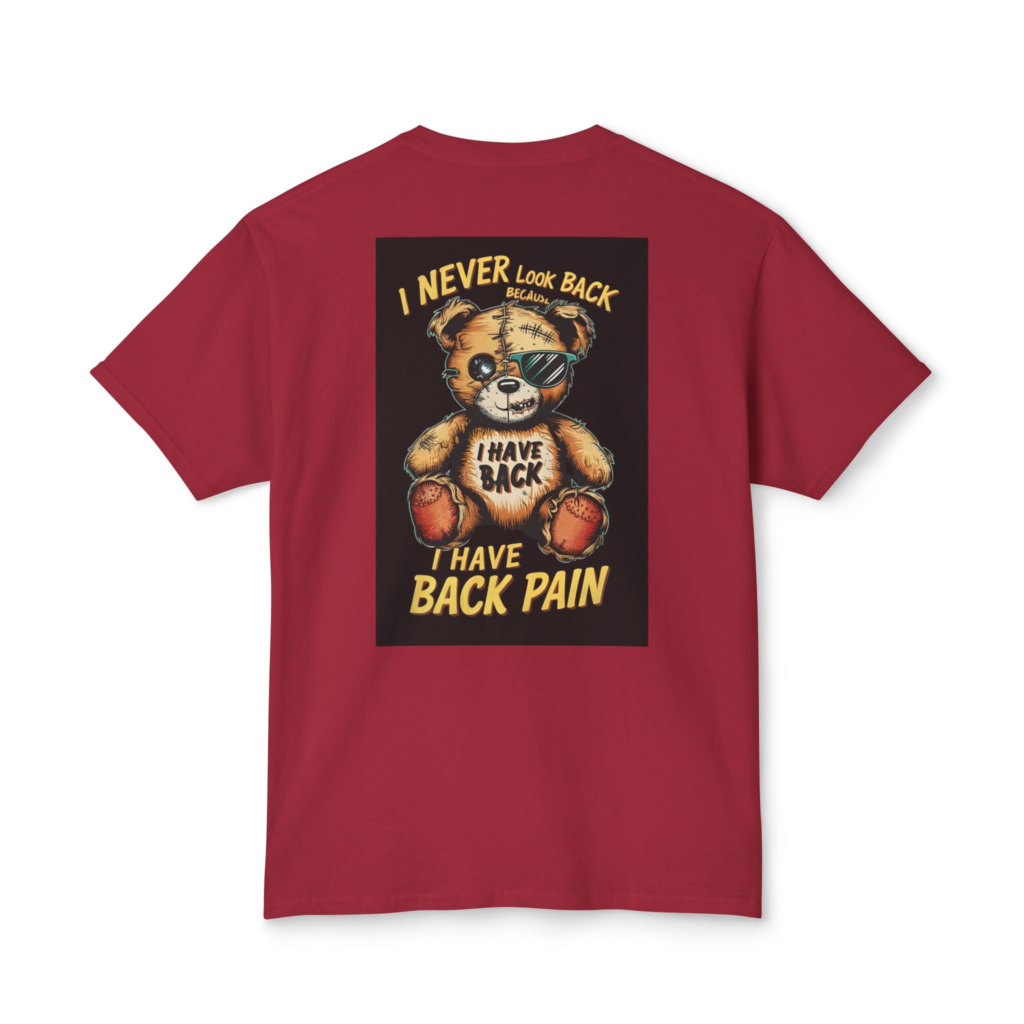 T-Shirt — Vintage Injured Teddy Bear "I Never Look Back, I Have Back Pain" Graphic