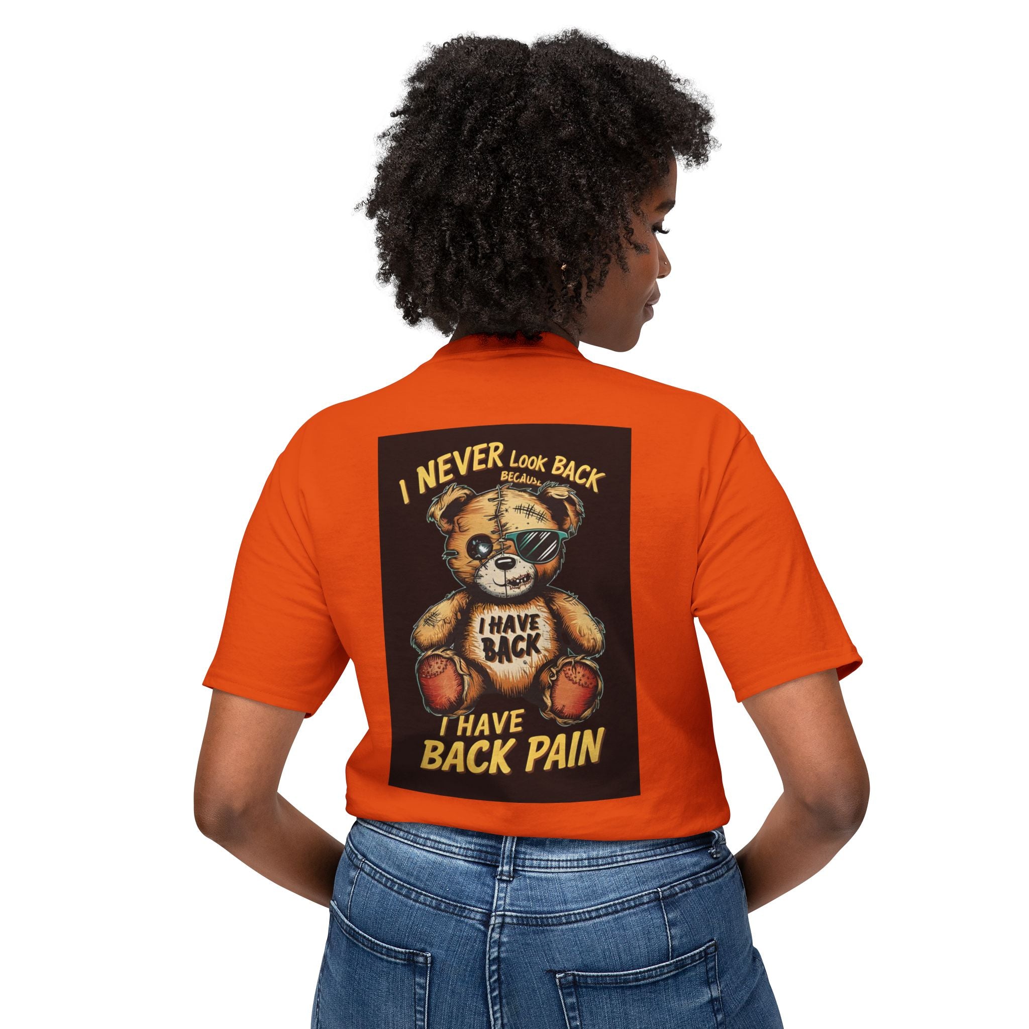 T-Shirt — Vintage Injured Teddy Bear "I Never Look Back, I Have Back Pain" Graphic