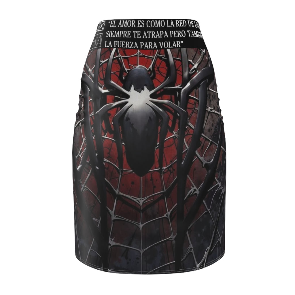 Spider-Man Inspired Women's Pencil Skirt — Red & Black Comic Web Design ("Gran poder...")