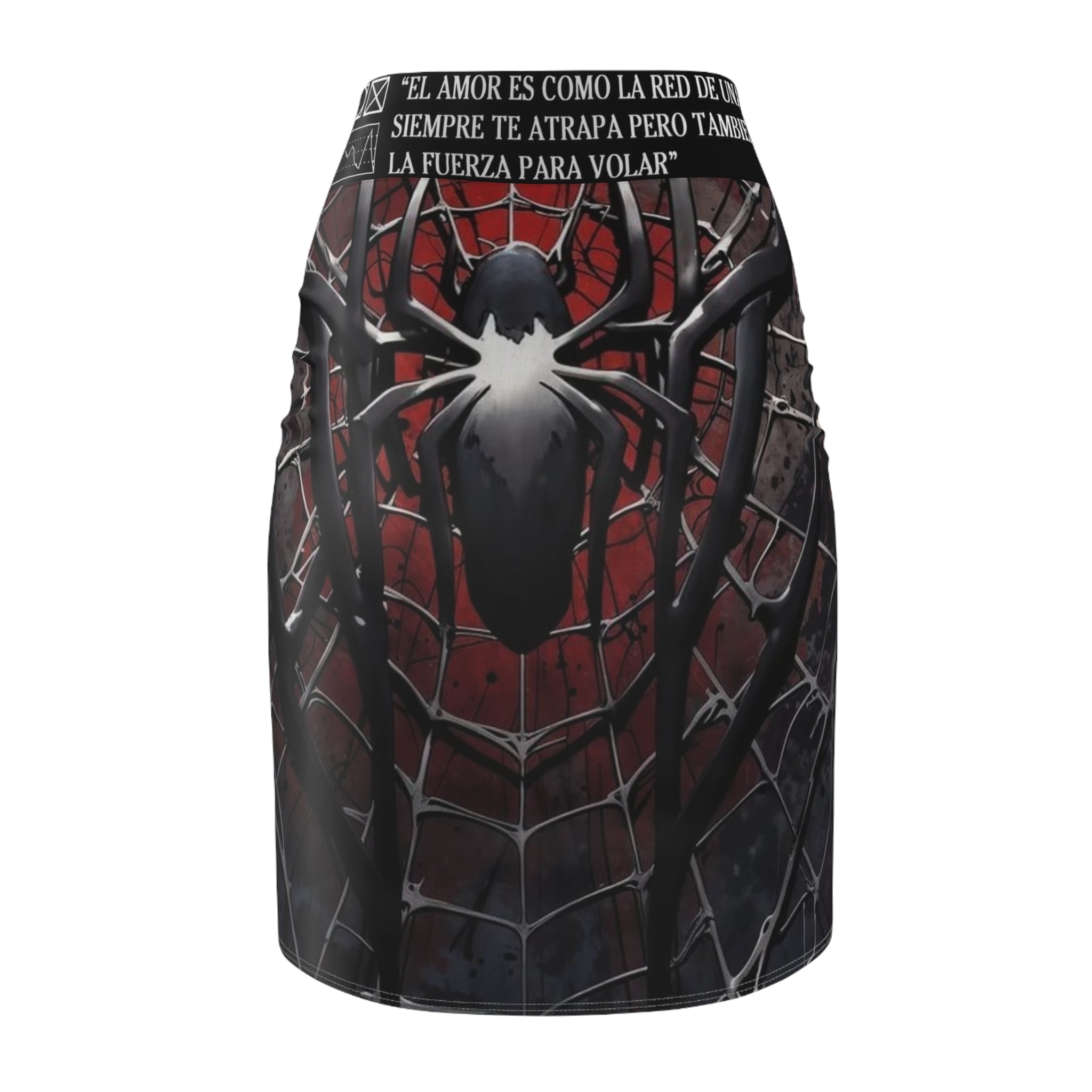 Spider-Man Inspired Women's Pencil Skirt — Red & Black Comic Web Design ("Gran poder...")