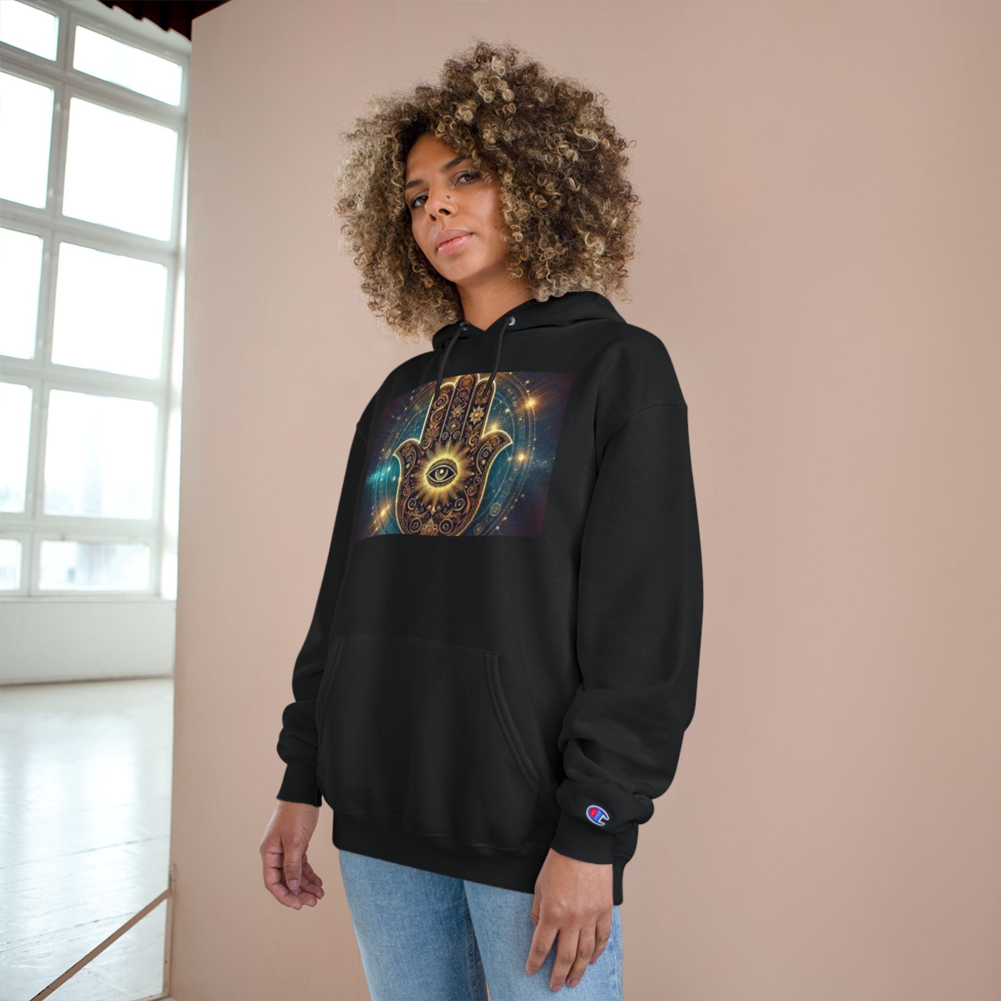 Mystic Hamsa Champion Hoodie — Spiritual Hand Graphic Pullover
