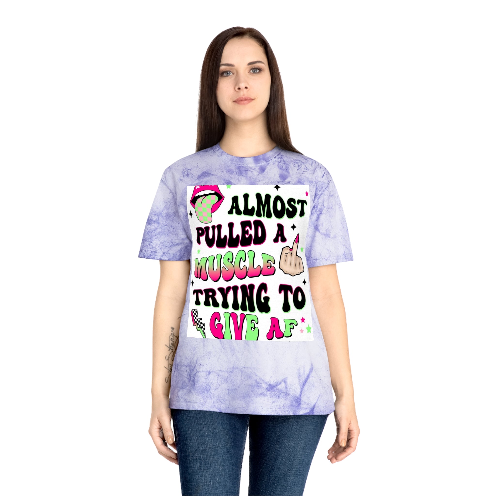 Graphic Tee — "Almost Pulled a Muscle Trying to Give AF" Color Blast T-Shirt