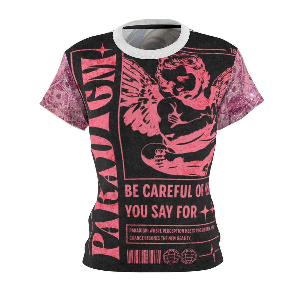 Women's Cut & Sew Tee — Pink Cherub 'Be Careful of What You Say For' Graphic