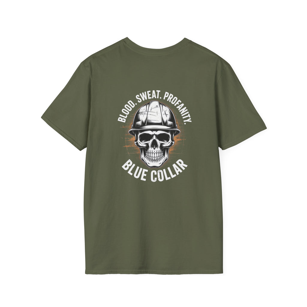 Blue Collar T-Shirt — "Blood, Sweat, Profanity" Skull Workwear Tee