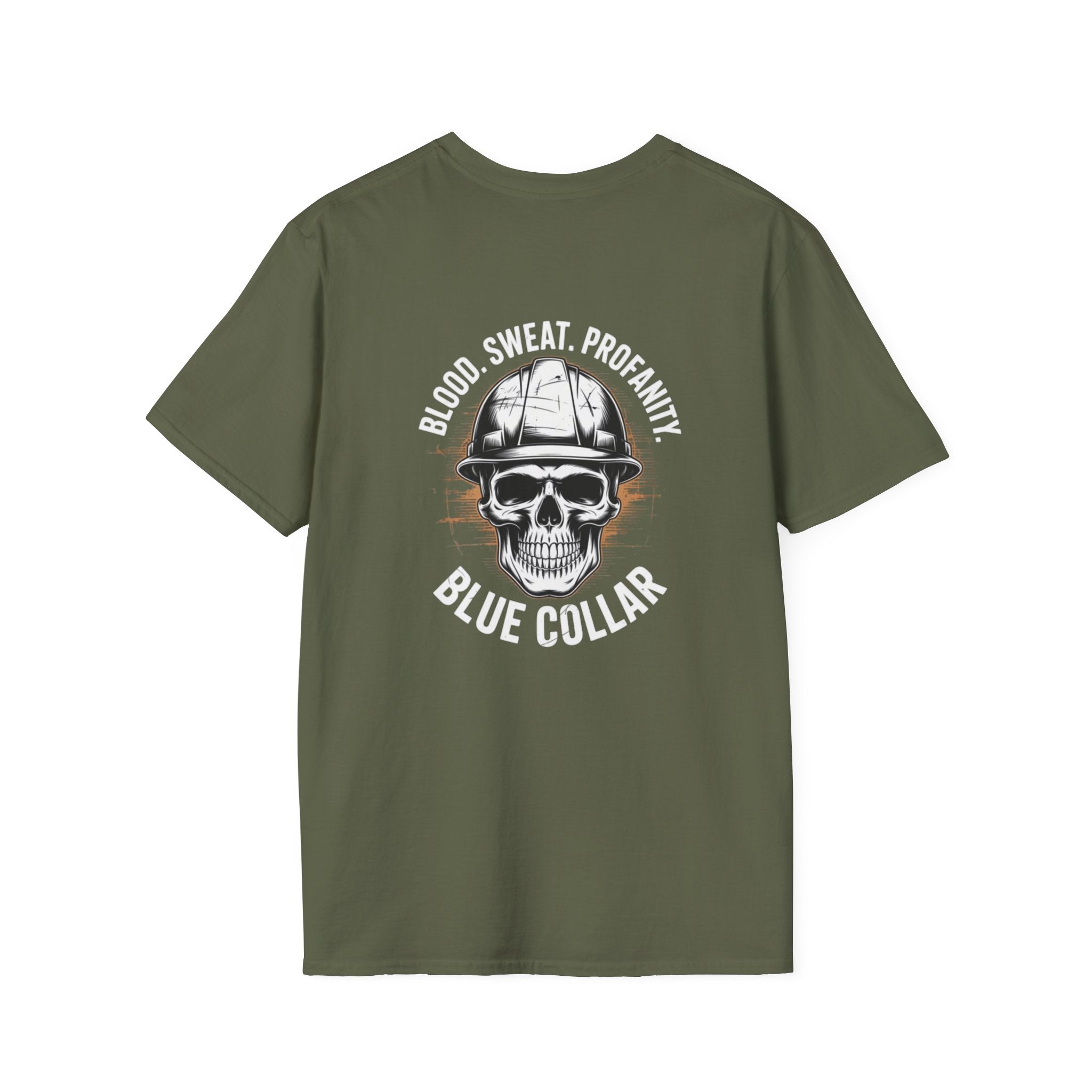 Blue Collar T-Shirt — "Blood, Sweat, Profanity" Skull Workwear Tee