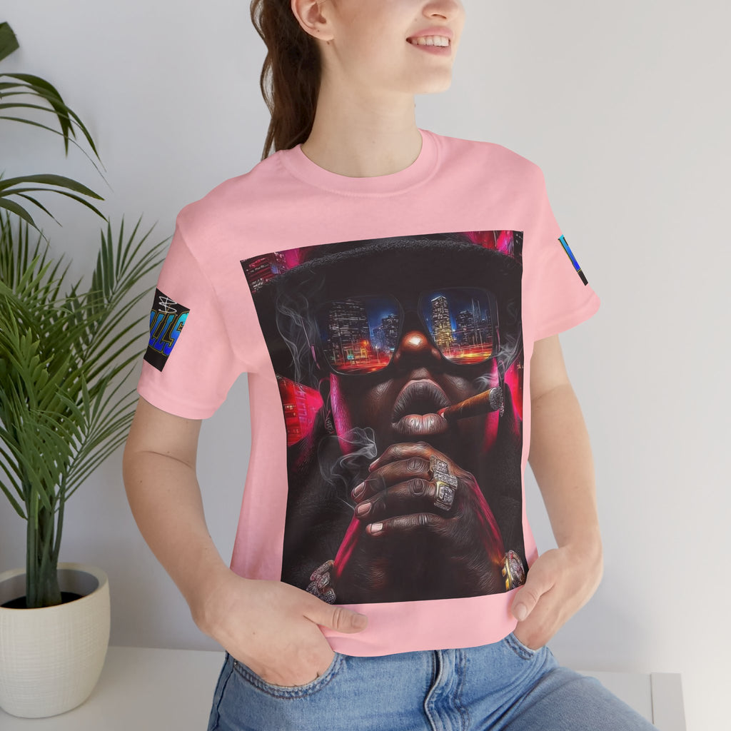 Urban Nightlife Portrait Tee — Smoky City Reflection Graphic T-Shirt