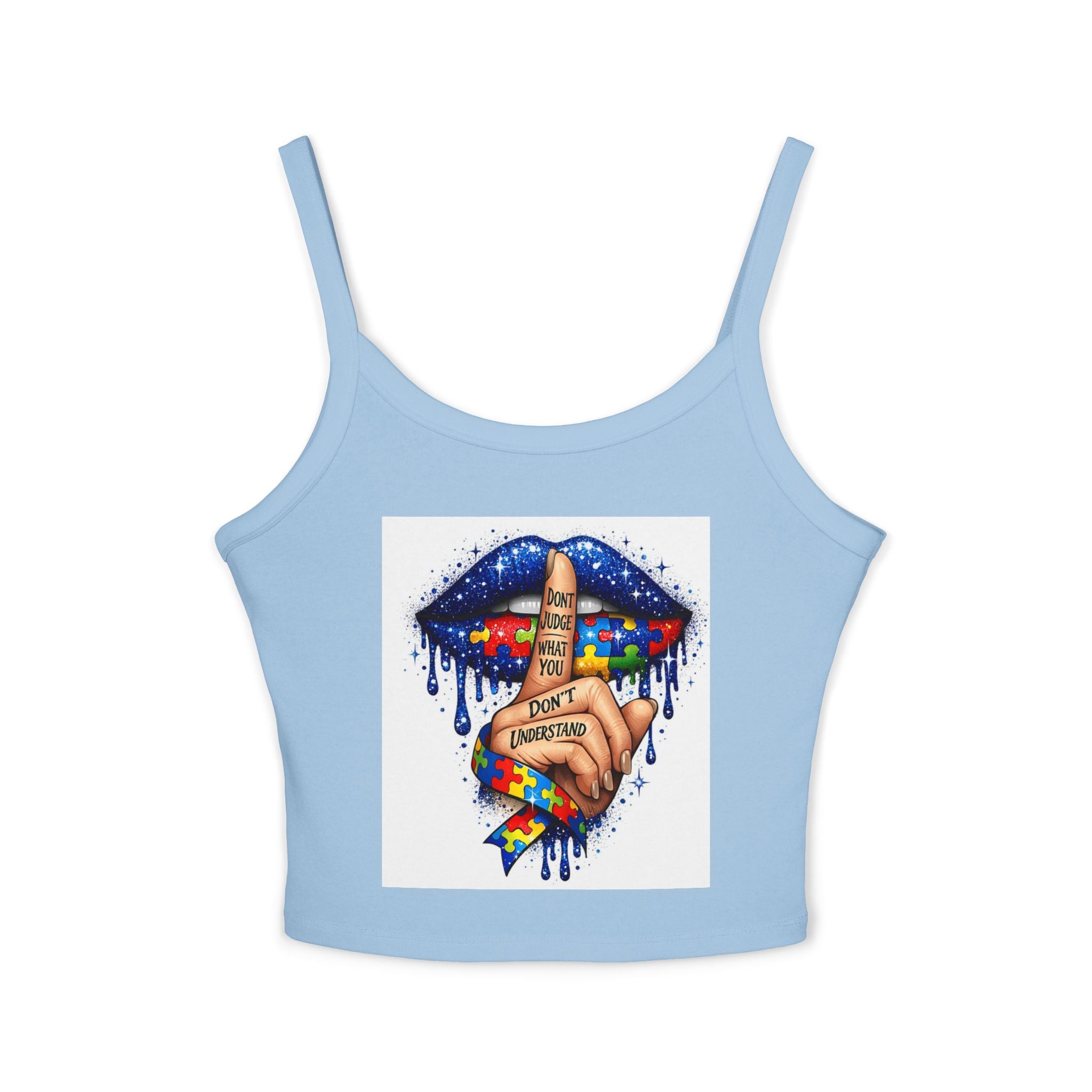 Crop Tank Top — Shushing Rainbow Lips with "I Don’t Understand" Finger Tattoo
