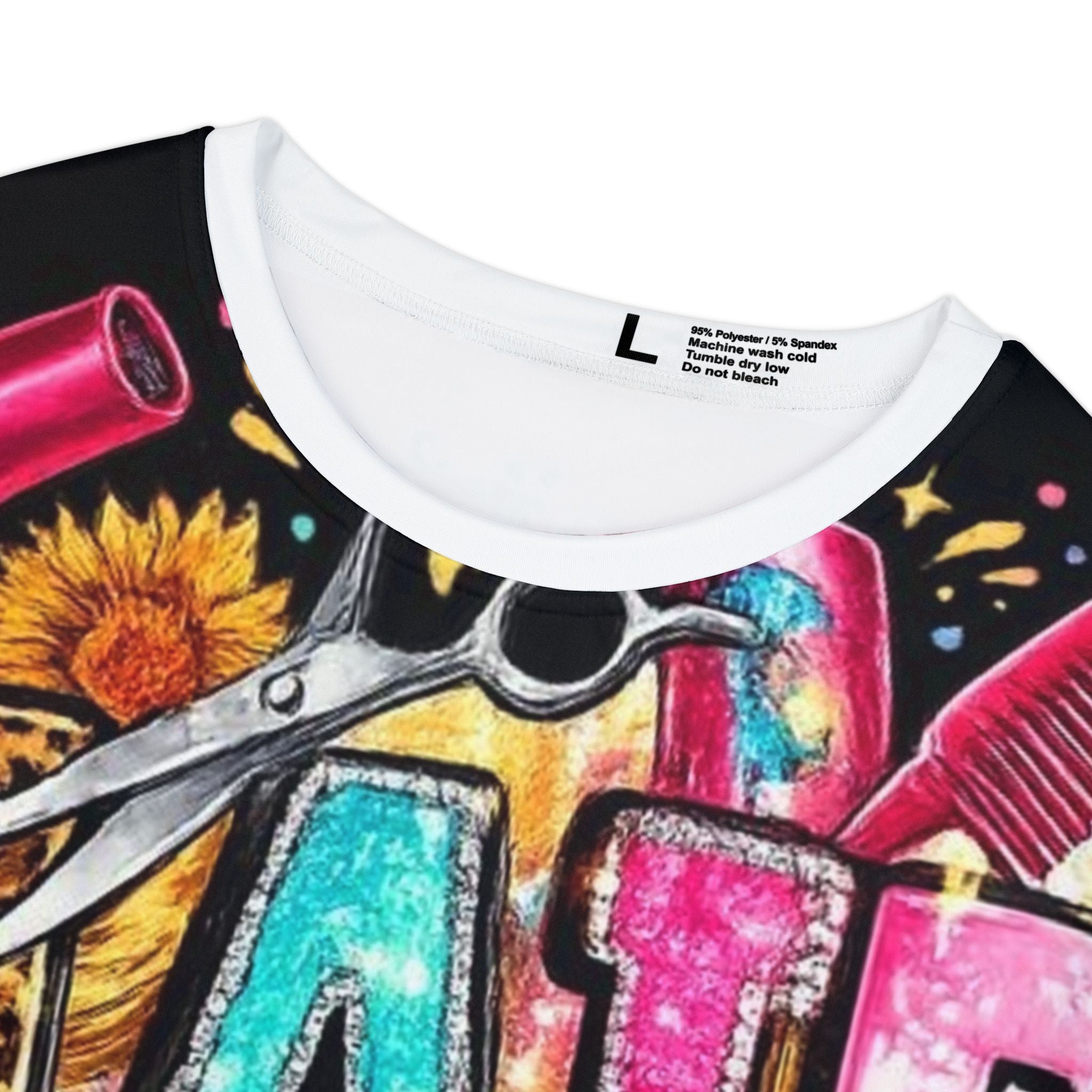 Floral Salon Tools Women’s Short Sleeve Shirt — Hairdresser Scissors, Brush & Comb All-Over Print