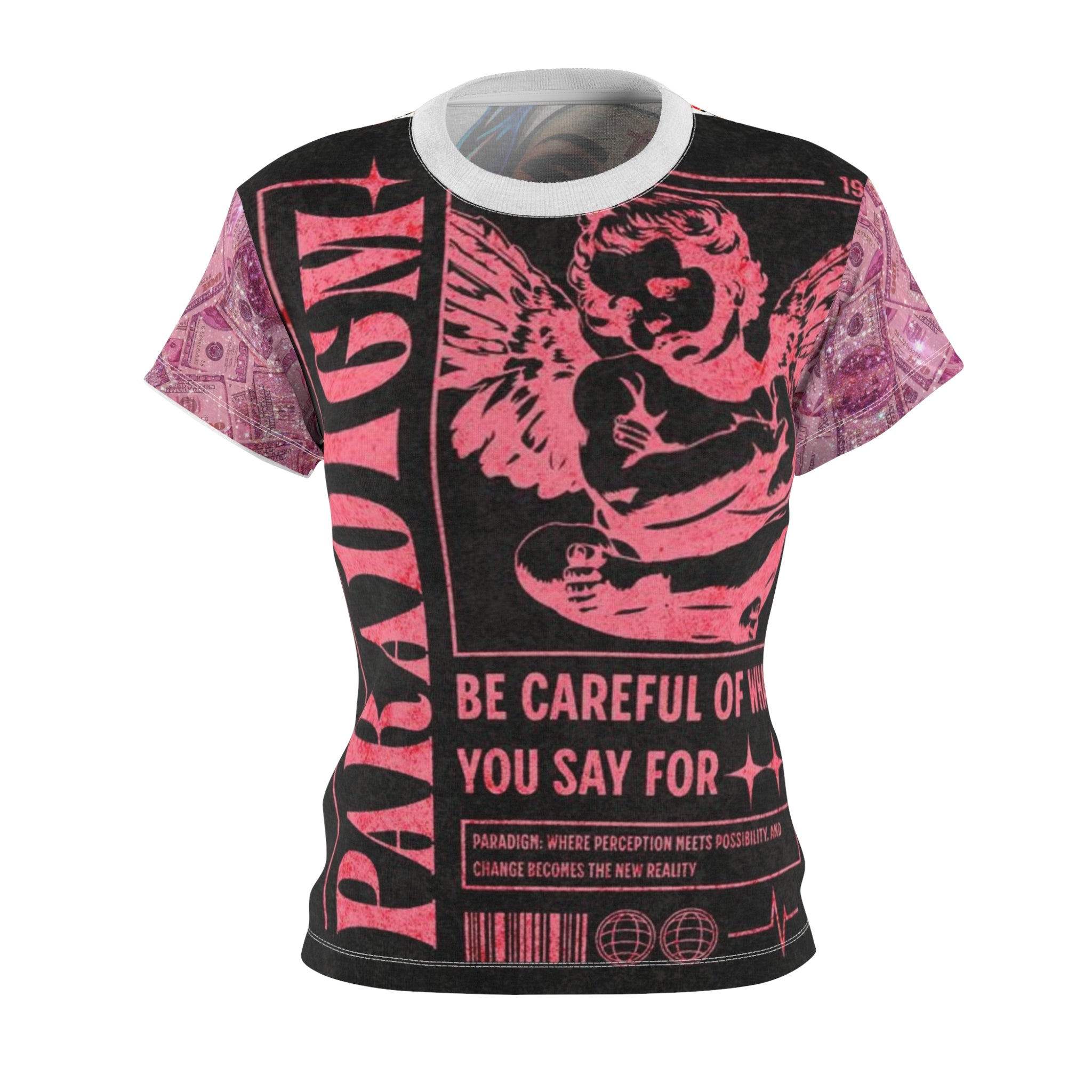 Women's Cut & Sew Tee — Pink Cherub 'Be Careful of What You Say For' Graphic