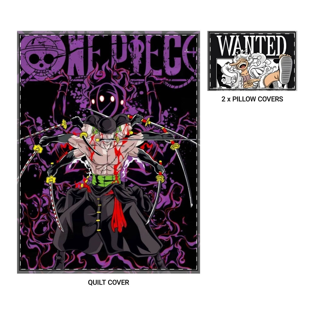 One Piece Zoro Anime Quilt Cover Set – 3-Piece Bedding with Wanted Pillow Covers