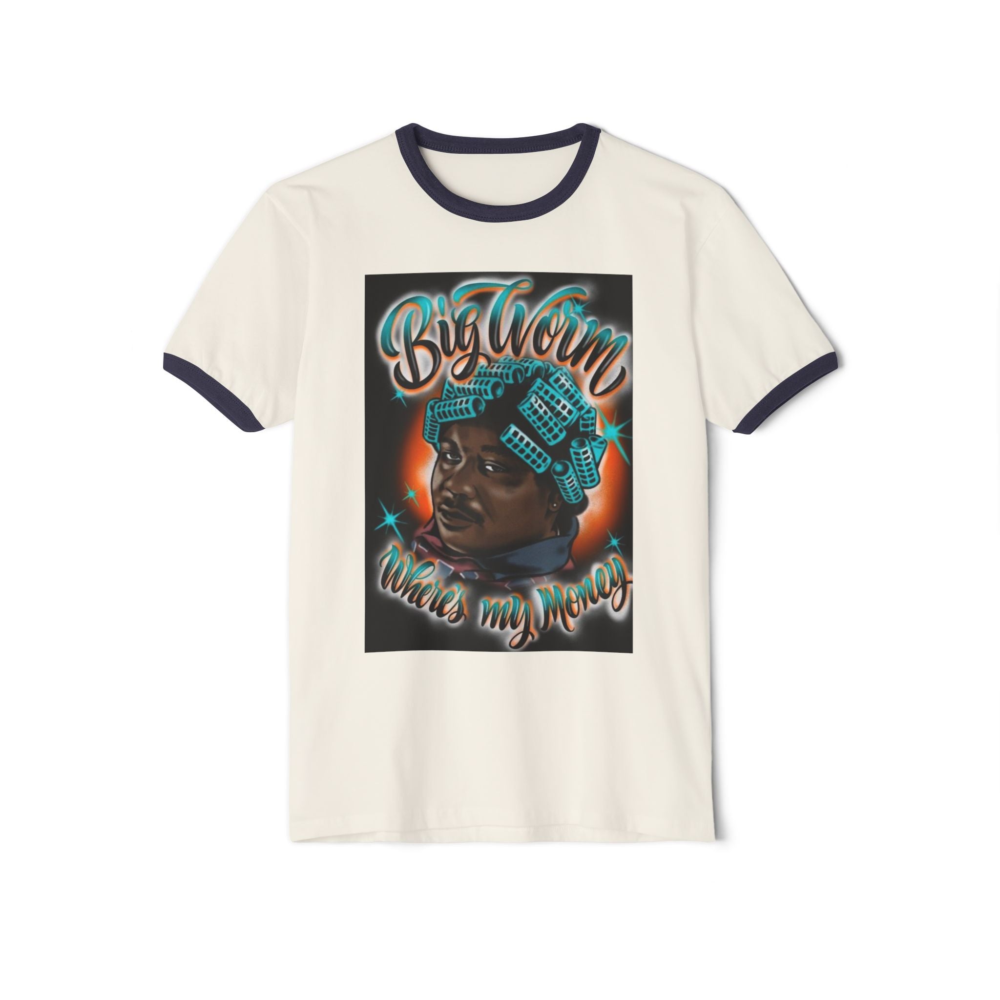 Retro Hip-Hop Portrait T-Shirt — "Big Worm Takes My Money" Graphic Ringer Tee