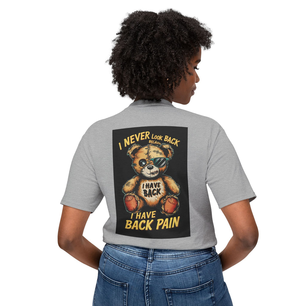 T-Shirt — Vintage Injured Teddy Bear "I Never Look Back, I Have Back Pain" Graphic